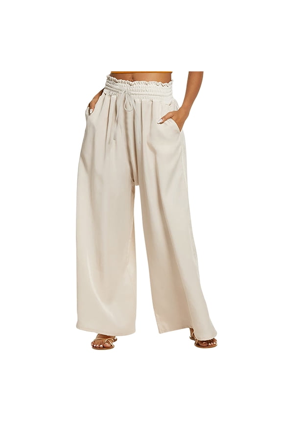 Straight Pants for Women Ruffle Elastic High Waist Wide Leg Pants Drawstring Pockets Lounge Pants