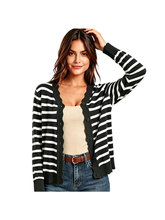 Striped Knit Cardigan for Women Lightweight Long Sleeve Button Front Jackets Casual Cardigan Sweaters