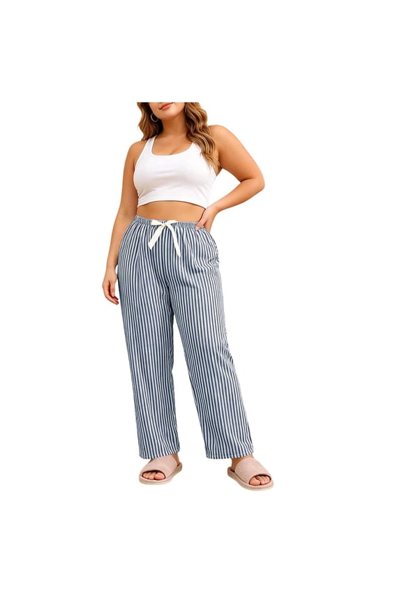 Striped Pants Womens Elastic High Waist Wide Leg Loose Pant Casual Outdoor & Home Sleepwear Pants with Pockets
