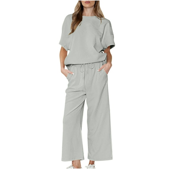 Diufon Summer 2 Piece Sets for Women Crewneck Half Sleeve Tops Solid Color Elastic Waist Suits with Pockets