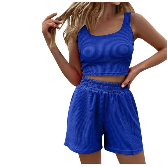 Diufon Summer Athletic Sets for Women Square Neck Sleeveless Tank Tops Elastic Waist Shorts Solid Color Suits