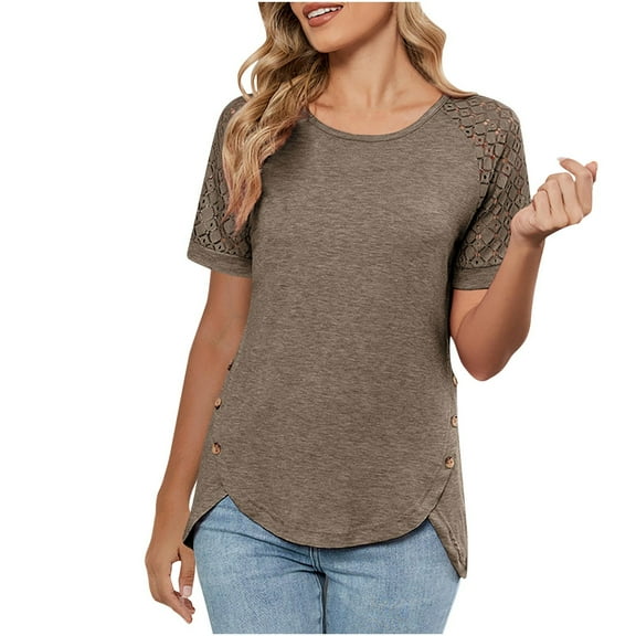 Diufon Summer Blouses for Women 2025 Trendy Lace Short Sleeve Crewneck Tops Casual Business Blouse