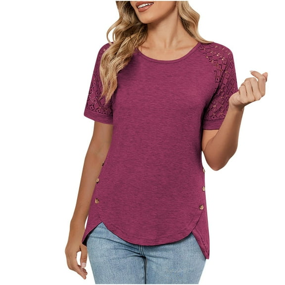 Diufon Summer Blouses for Women 2025 Trendy Lace Short Sleeve Crewneck Tops Casual Business Blouse