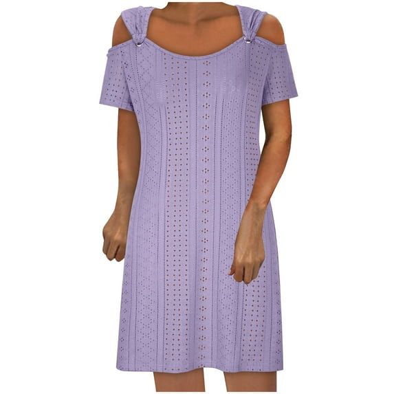 Diufon Summer Casual Dresses for Women Round Neck off Shoulder Short Sleeve Dress Solid Color Dress