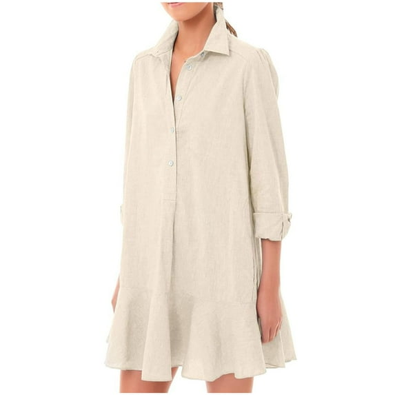 Diufon Summer Casual Dresses for Women Solid Color Midi Dress 3/4 Sleeve Button Down Lapel Dress