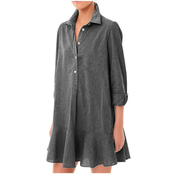 Diufon Summer Casual Dresses for Women Solid Color Midi Dress 3/4 Sleeve Button Down Lapel Dress