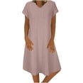 thumbnail image 1 of Diufon Summer Casual Dresses for Women Solid Color Midi Dress V Neck Short Sleeve A-Line Dress, 1 of 6