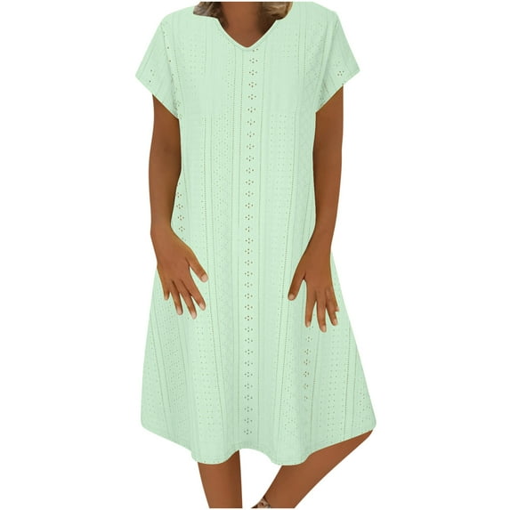 Diufon Summer Casual Dresses for Women Solid Color Midi Dress V Neck Short Sleeve A-Line Dress