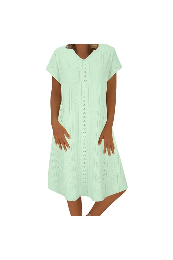 Summer Casual Dresses for Women Solid Color Midi Dress V Neck Short Sleeve A-Line Dress