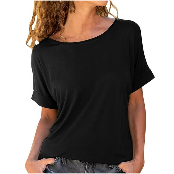 Diufon Summer Casual Tops for Women Solid Color Blouses Round Neck Short Sleeve Tshirts