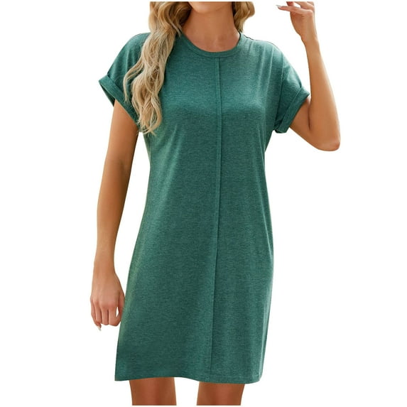 Diufon Summer Cotton Dresses for Women Casual Solid Color Dress Round Neck Short Sleeve Dress