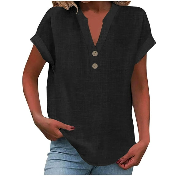 Diufon Summer Cotton Linen Tops for Women V Neck Short Sleeve Button Down Shirts Solid Color Tees