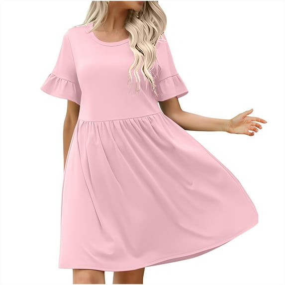 Diufon Summer Dresses for Women Solid Color Mini Dress Round Neck Ruffle Short Sleeve Dress
