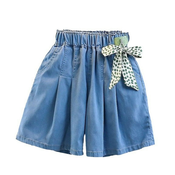Diufon Summer Girl's Denim Shorts Elastic Waist Bow Shorts Trendy Pleated Wide Leg Shorts