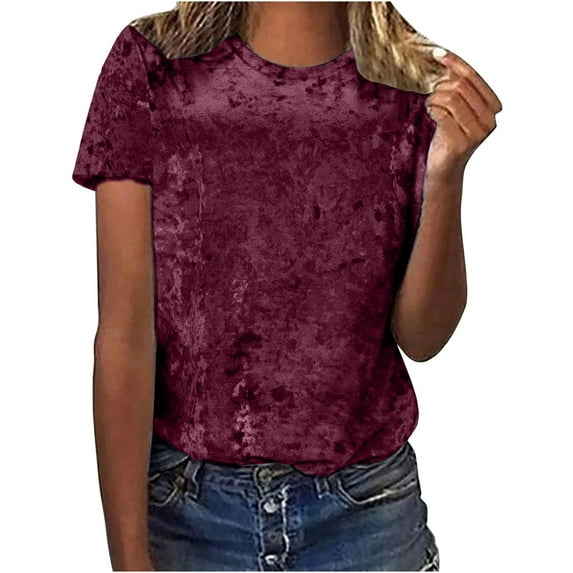 Diufon Summer Golden Velvet T Shirts for Women Trendy Short Sleeve Round Neck Tunic Solid Color Blouse Tees