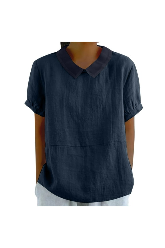 Summer Lapel Patchwork T Shirts for Women Cotton Linen Puff Short Sleeve Tops Fashion Blouses