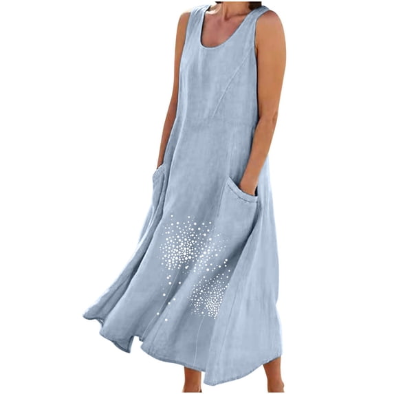 Diufon Summer Maxi Dresses Womens Crewneck Sleeveless Plus Size Dress Cotton Linen Dress with Pockets