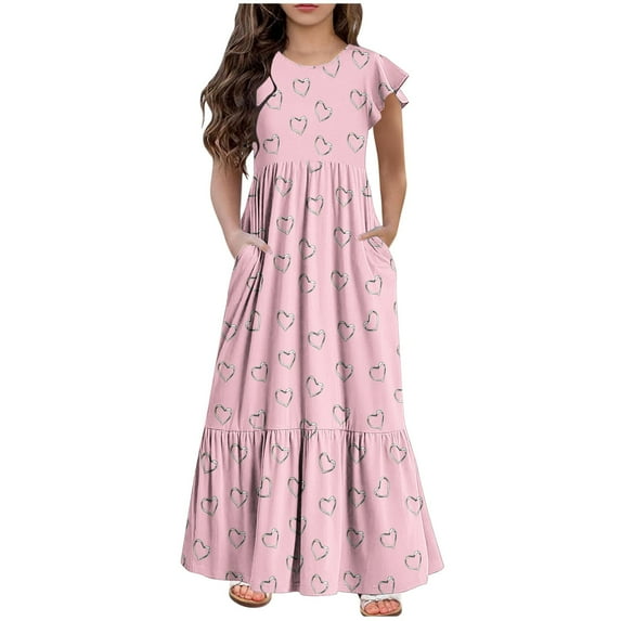 Diufon Summer Maxi Dresses for Girls Crewneck Fly Sleeve Dress Pockets Heart Printed A-Line Dress
