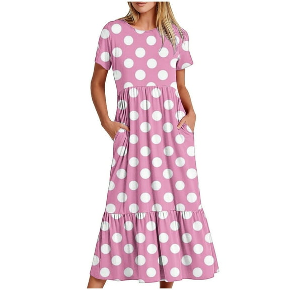 Diufon Summer Maxi Dresses for Women Crewneck Short Sleeve Dress Polka Dot Print Dress with Pockets