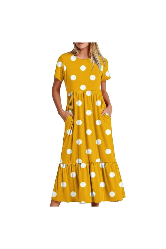 Summer Maxi Dresses for Women Crewneck Short Sleeve Dress Polka Dot Print Dress with Pockets