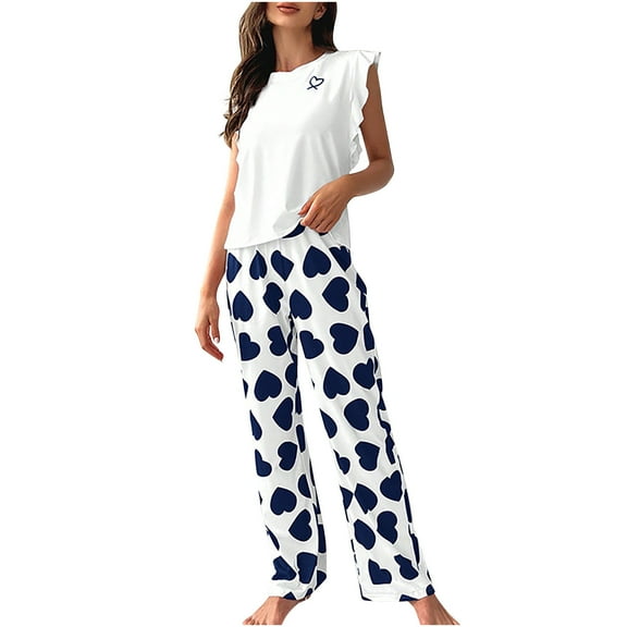Diufon Summer Pajamas for Women Round Neck Ruffle Fly Sleeve Tops Heart Printed Pants Homewear Sets