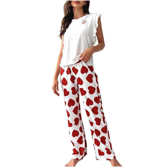 Diufon Summer Pajamas for Women Round Neck Ruffle Fly Sleeve Tops Heart Printed Pants Homewear Sets
