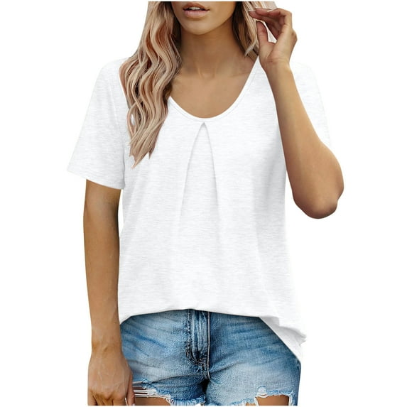 Diufon Summer Pleated Tops for Women Casual Round Neck Short Sleeve Tunics Solid Color Tshirts