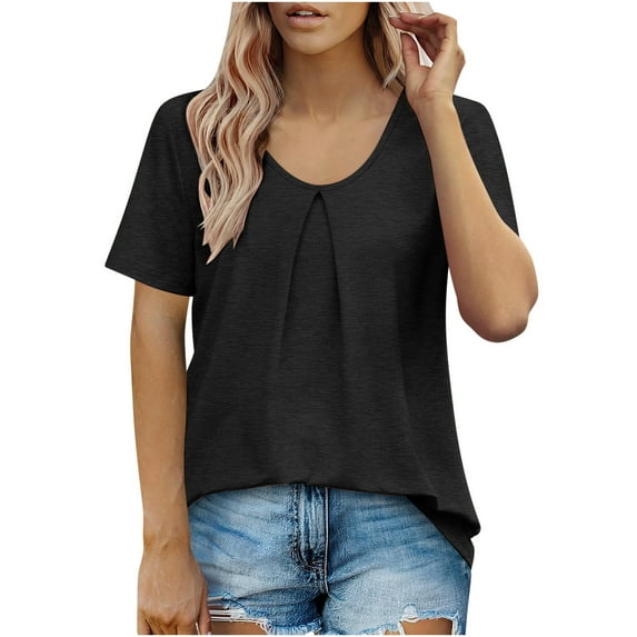 Diufon Summer Pleated Tops for Women Casual Round Neck Short Sleeve Tunics Solid Color Tshirts