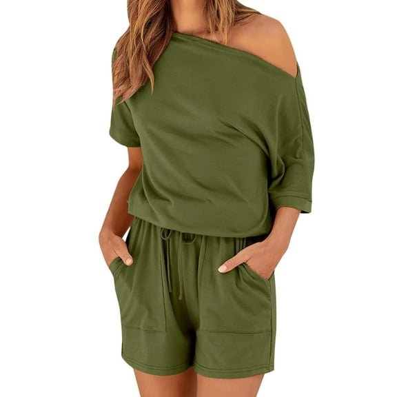 Diufon Summer Rompers for Women Elastic Waist Shorts Overall Short Sleeve One Shoulder Jumpsuit