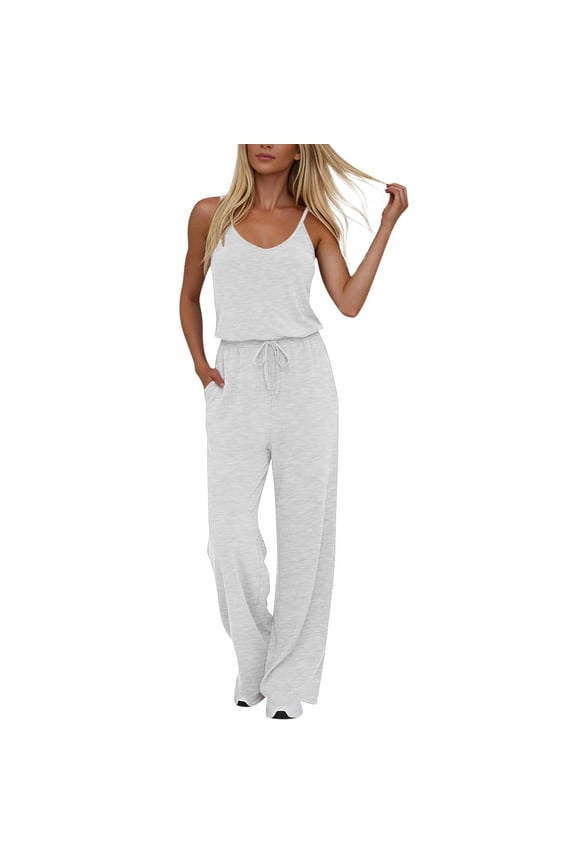 Womens Jumpsuits Summer Dressy Sleeveless Wide Leg Long Pants Rompers Casual Outfits with Pockets