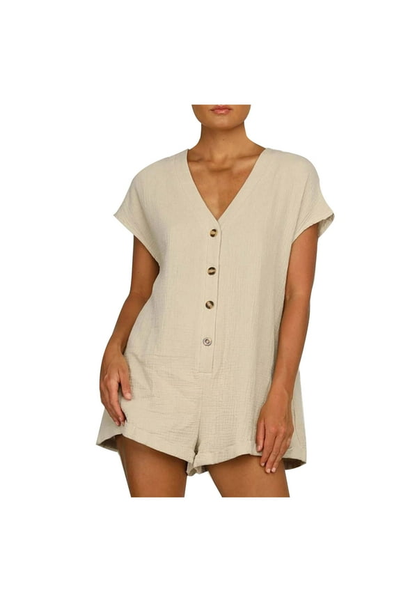 Summer Short Rompers for Women V Neck Short Sleeve Bodysuit Button Down Cotton Linen Casual Jumpsuits