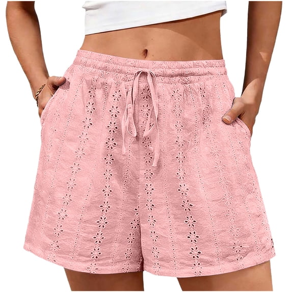 Diufon Summer Shorts for Women Lightweight Casual Hollowed-out Drawstring Waist Shorts Boho Beach Short Pants with Pockets