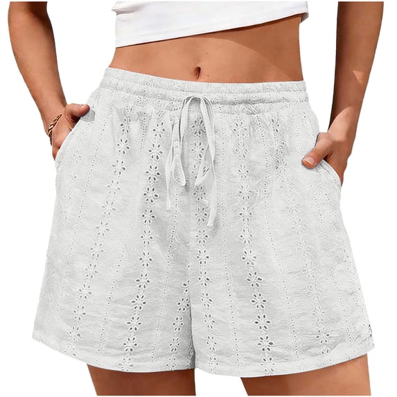 Diufon Summer Shorts for Women Lightweight Casual Hollowed-out Drawstring Waist Shorts Boho Beach Short Pants with Pockets