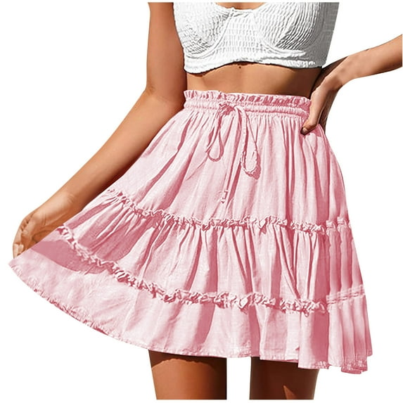 Diufon Summer Skirts for Women Solid Color A-Line Skirts Elastic High Waist Drawstring Skirts