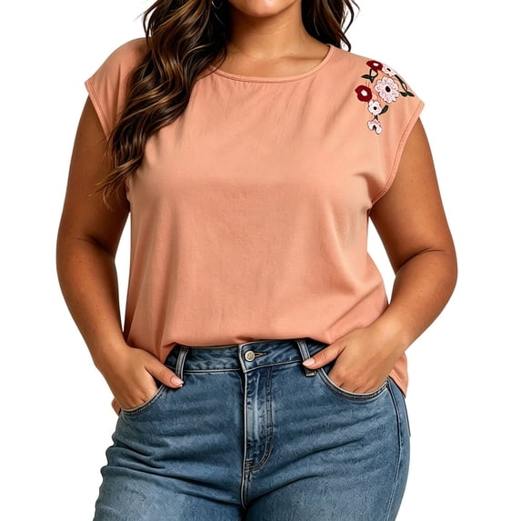 Diufon Summer Tank Tops for Women Floral Embroidered Cap Sleeve Crewneck Blouse Casual Beach Vacation Shirts