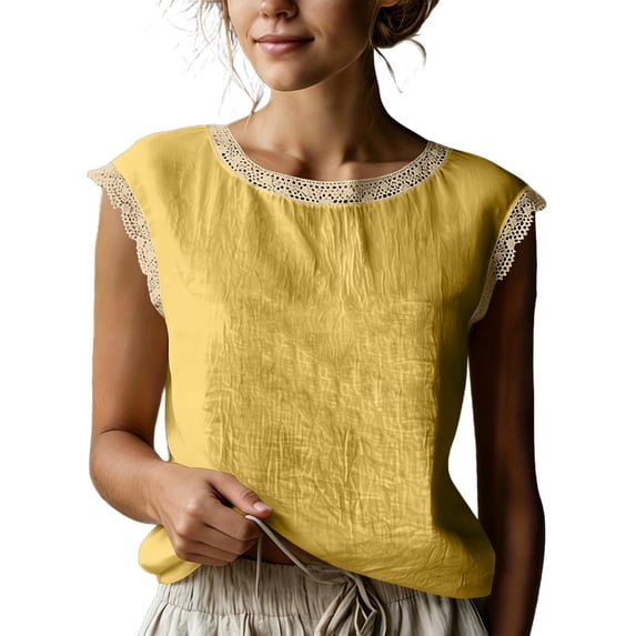 Diufon Summer Tops for Women Cotton Linen Lace Trim Cap Sleeve Tank Top Casual Crewneck Beach Vacation Blouses