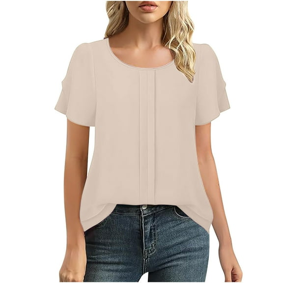 Diufon Summer Tops for Women Round Neck Short Sleeve Tunics Casual Solid Color Tshirts