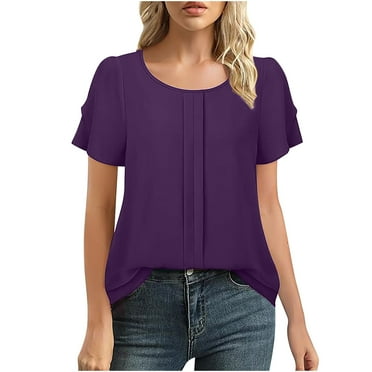 Diufon Summer Tops for Women Round Neck Short Sleeve Tunics Casual Solid Color Tshirts