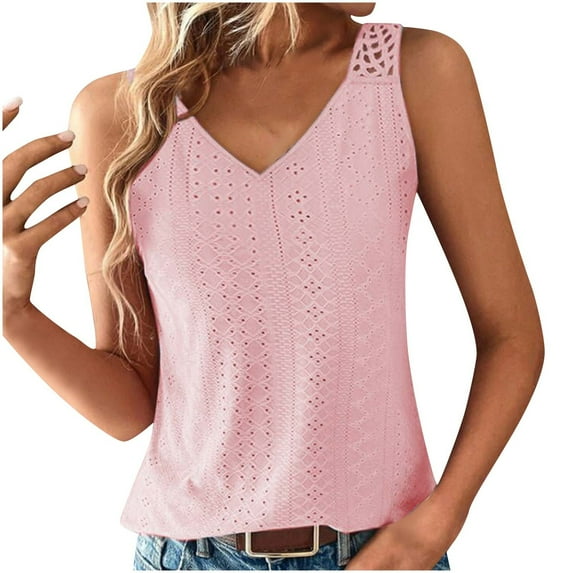 Diufon Summer Trendy Tank Tops for Women V Neck Sleeveless Hollow-Out Strap Tops Solid Color Tunics