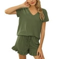 thumbnail image 1 of Diufon Summer Women's 2 Piece Sets V Neck Short Sleeve Tops Ruffle Hem Drawstring Shorts Solid Color Outfits, 1 of 4