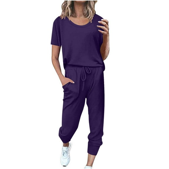 Diufon Summer Women's Suits Crewneck Short Sleeve Tops Elastic Waist Drawstring Pants Outfits with Pockets