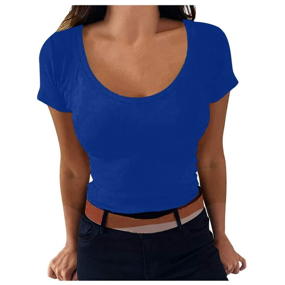 Diufon Summer Women's T Shirts U-Neck Short Sleeve Tees Slim Solid Color Top Blouses