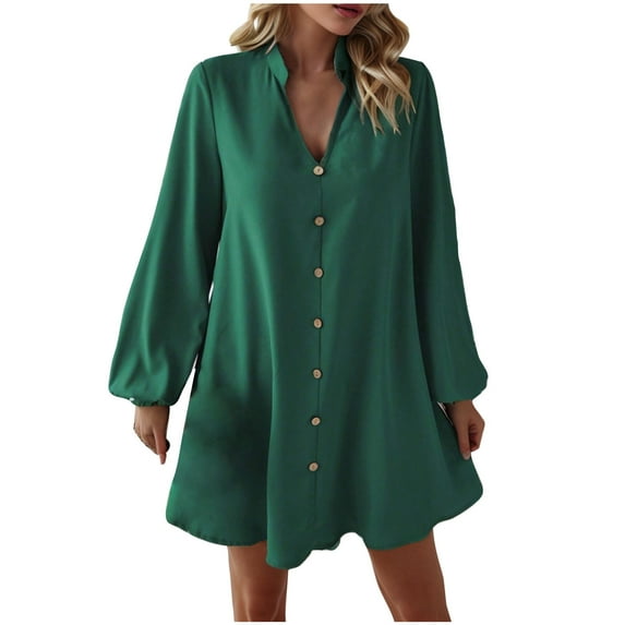 Diufon Summer Women's V Neck Long Sleeve Solid Color Flared Dress Button Front Mini Dresses