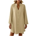 thumbnail image 1 of Diufon Summer Women's V Neck Long Sleeve Solid Color Flared Dress Button Front Mini Dresses, 1 of 7
