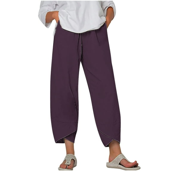 Diufon Summer Womens Capris Pants Plus Size Linen Pants with Pockets Solid Color Wide Leg Pants