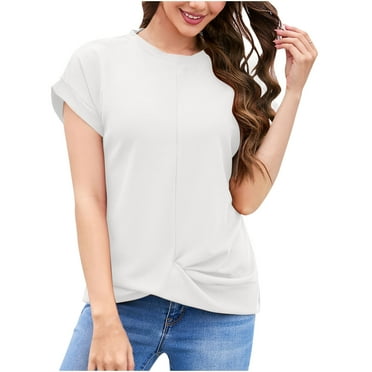 Diufon Summer Womens T-Shirts Solid Color Irregular Hem Pleated Tops Round Neck Short Sleeve Tees