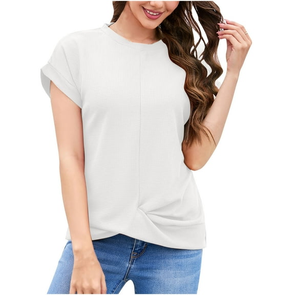 Diufon Summer Womens T-Shirts Solid Color Irregular Hem Pleated Tops Round Neck Short Sleeve Tees