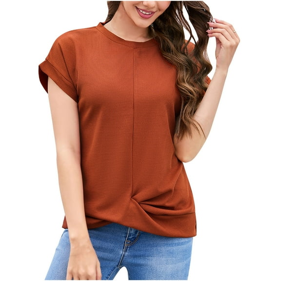 Diufon Summer Womens T-Shirts Solid Color Irregular Hem Pleated Tops Round Neck Short Sleeve Tees