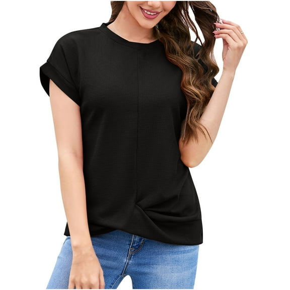 Diufon Summer Womens T-Shirts Solid Color Irregular Hem Pleated Tops Round Neck Short Sleeve Tees