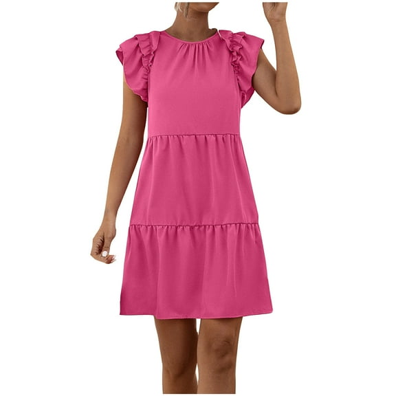 Diufon Sundresses for Women Solid Color A-Line Dresses Round Neck Ruffle Cap Sleeve Pleated Dress